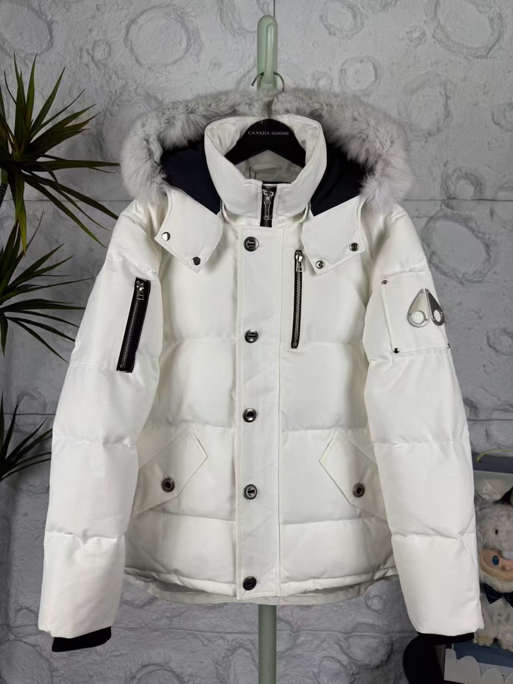 Moose Knuckles White Hooded Down Puffer with Fur-Trim